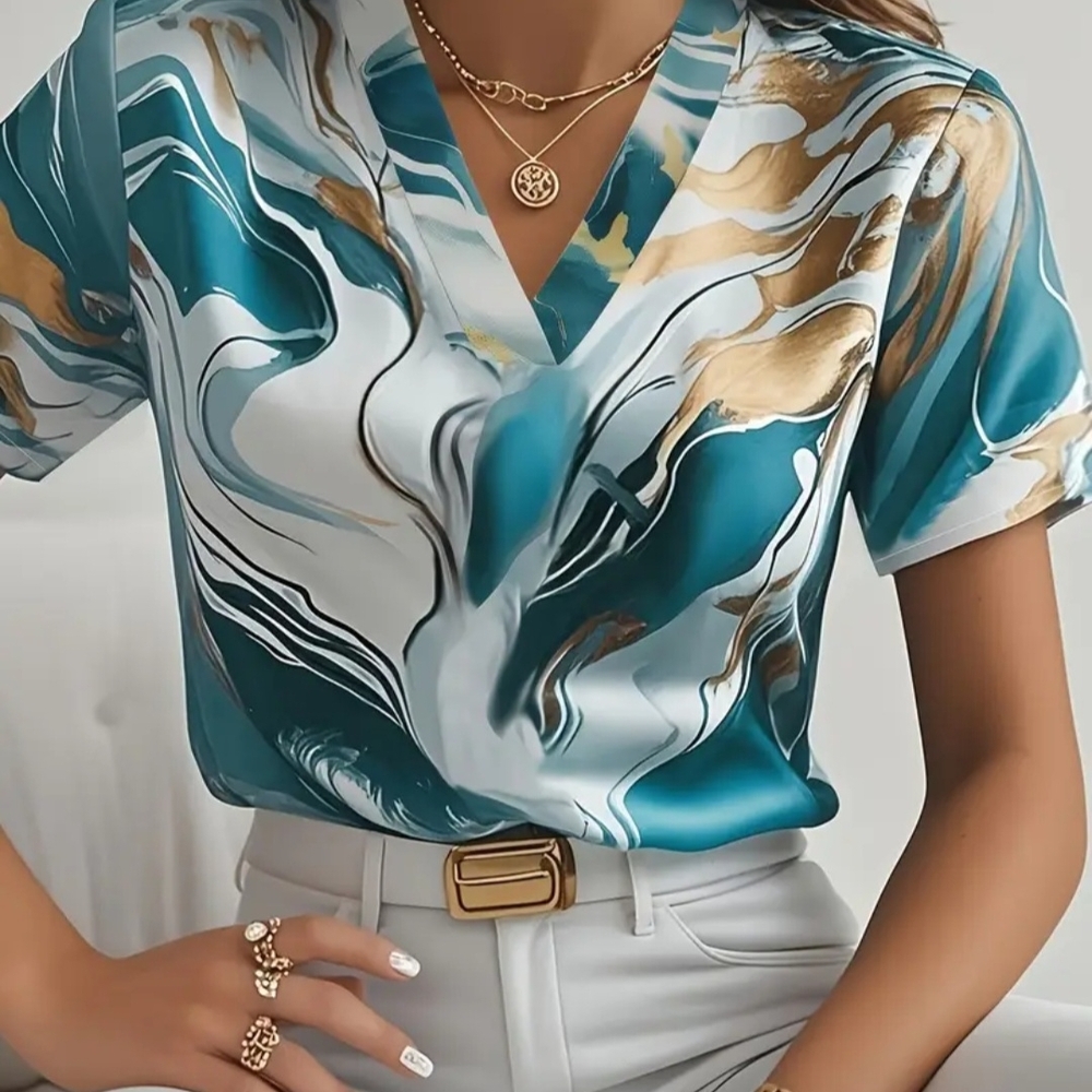 Abstract Blue and Gold Short Sleeve Shirt